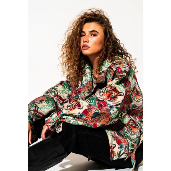 Dressed in LALA Jackets & Blazers - Dressed in Lala Women’s Wild Soul Tiger Jungle Print Moto Jacket - Size S/M
